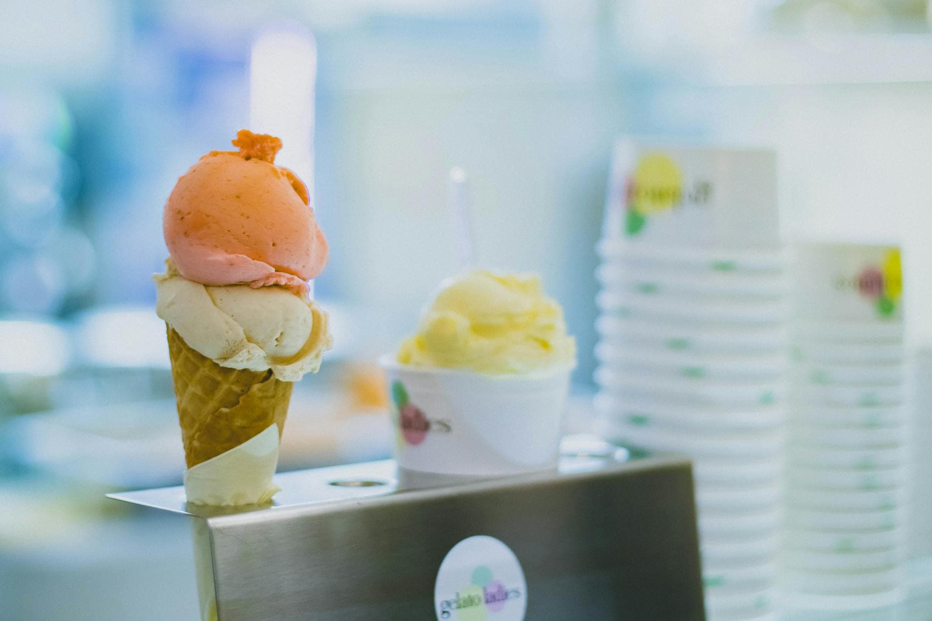 Ice cream cones with colorful scoops